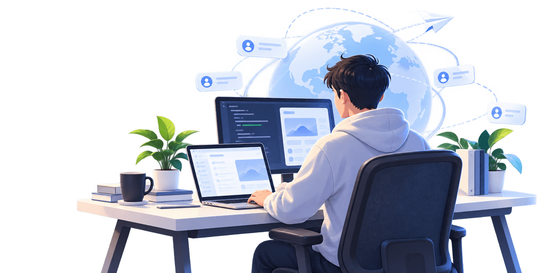 独立开发者在桌前构建面向全球用户的 Web 产品